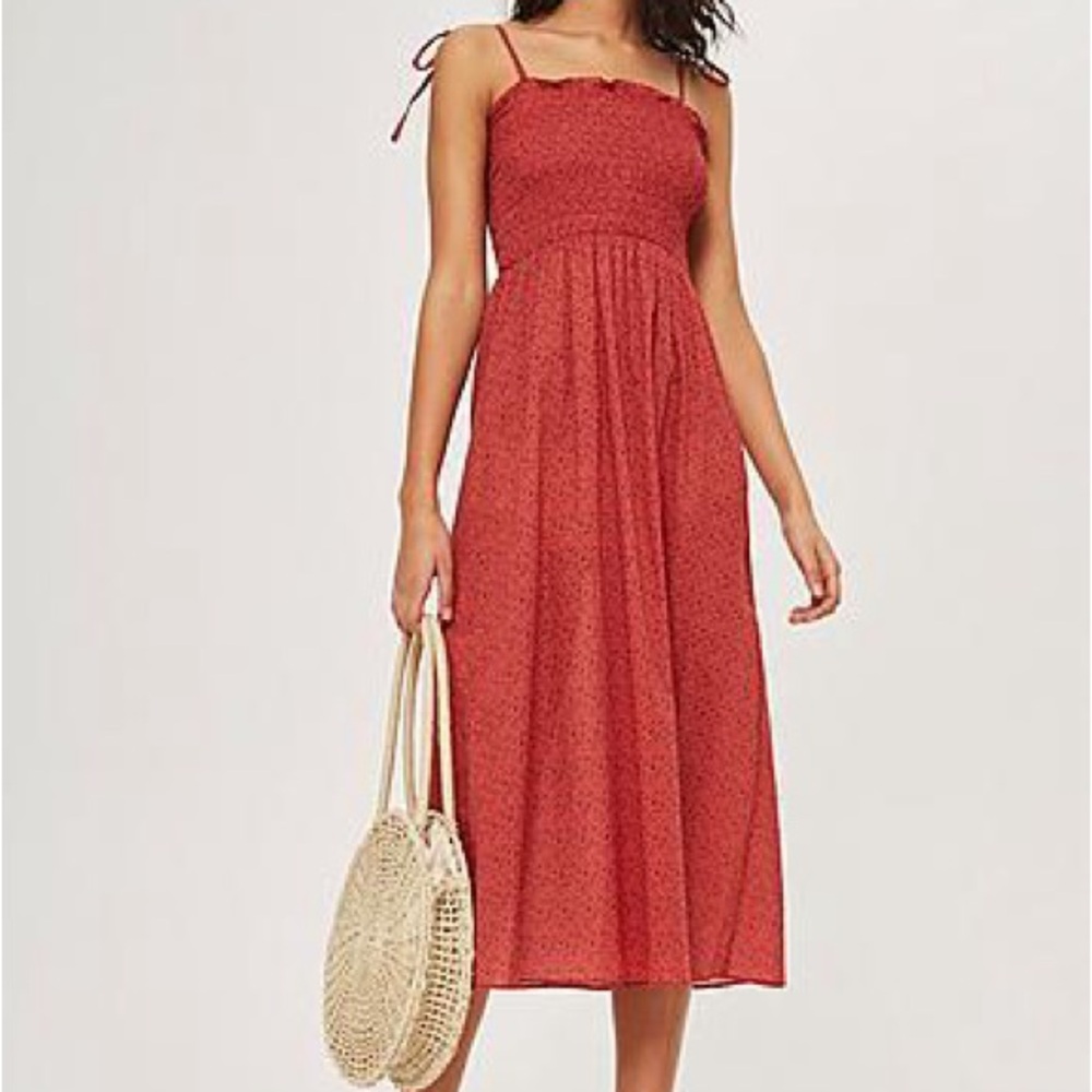 NWT! Topshop Cotton Smocked Sun Dress Midi Maxi Red Pink Floral - S